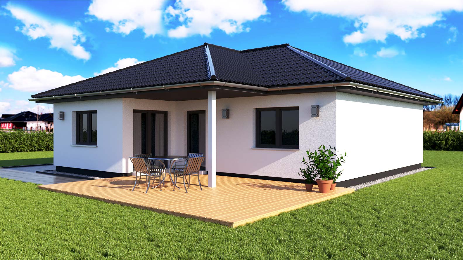 EWA-Bungalow Amrum 96qm Massivhausbau Leipzig Halle Wittenberg Rückansicht