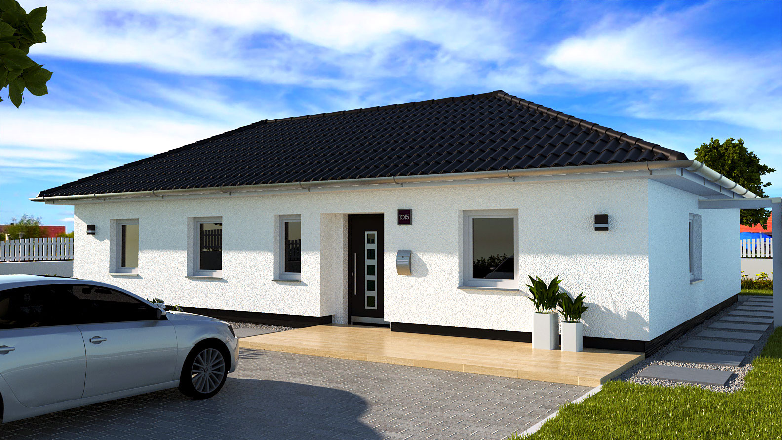 EWA-Bungalow-Darß-115qm-Massivhausbau-Leipzig-Halle-Wittenberg-Vorderansicht EWA-Bungalow Darß 115qm Massivhausbau Leipzig Halle Wittenberg Vorderansicht