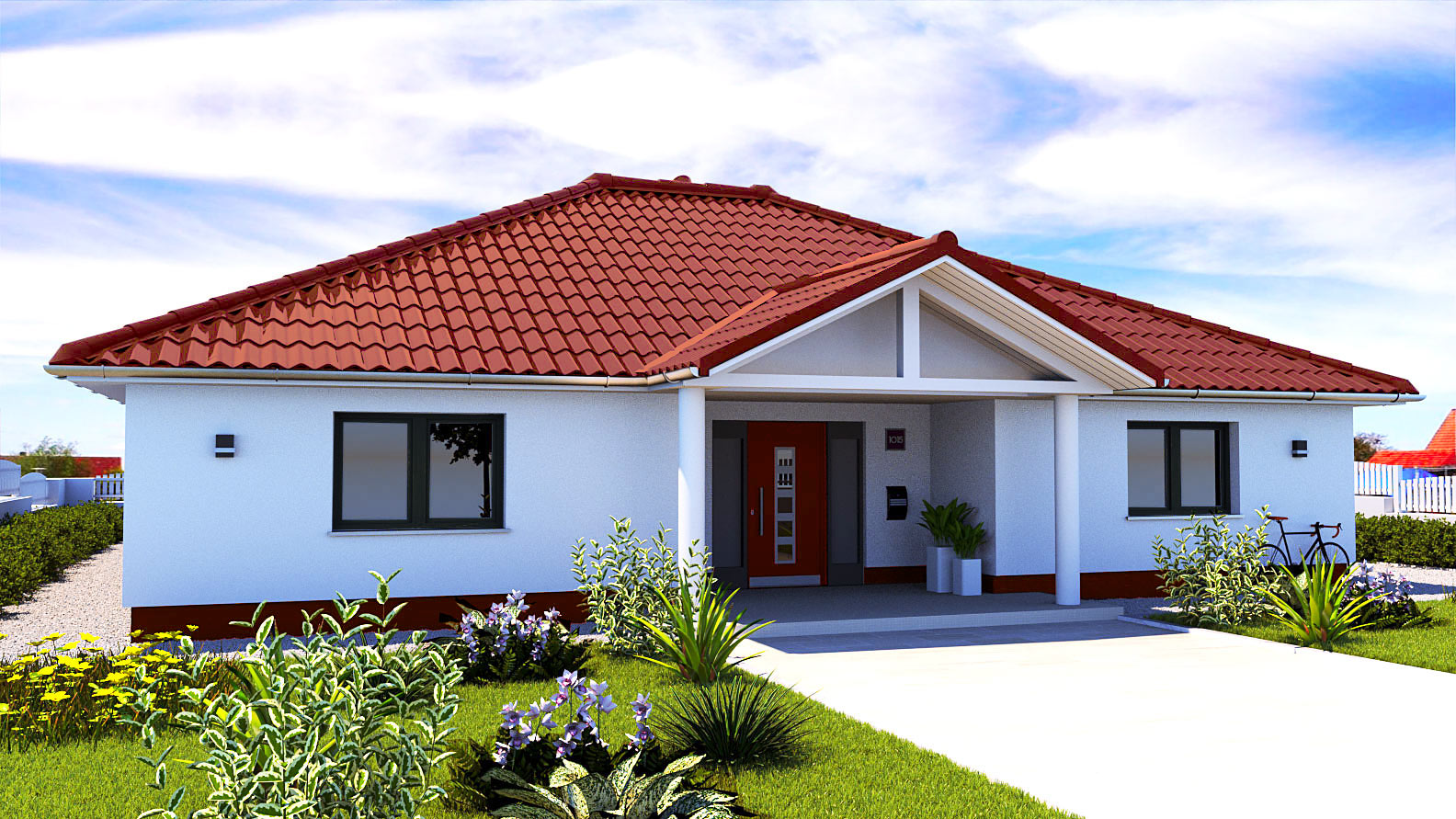 EWA-Bungalow Elbblick 157qm Massivhausbau Berlin Brandenburg Potsdam Vorderansicht rotes Dach