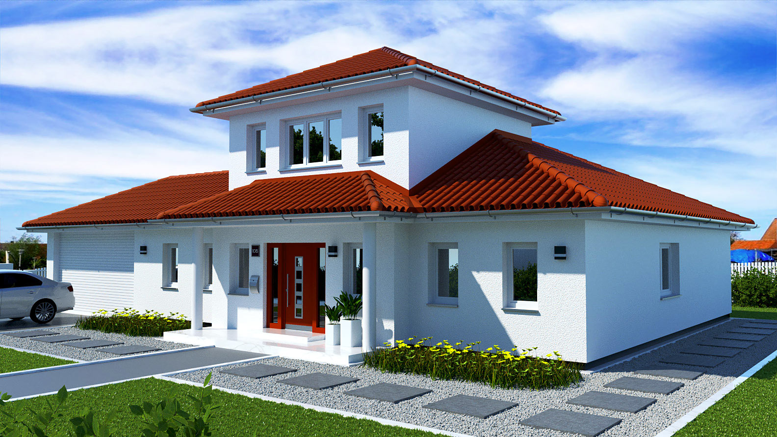 EWA-Bungalow Rügen 174qm Hausbau Berlin Brandenburg Magdeburg Vorderansicht rotes Dach