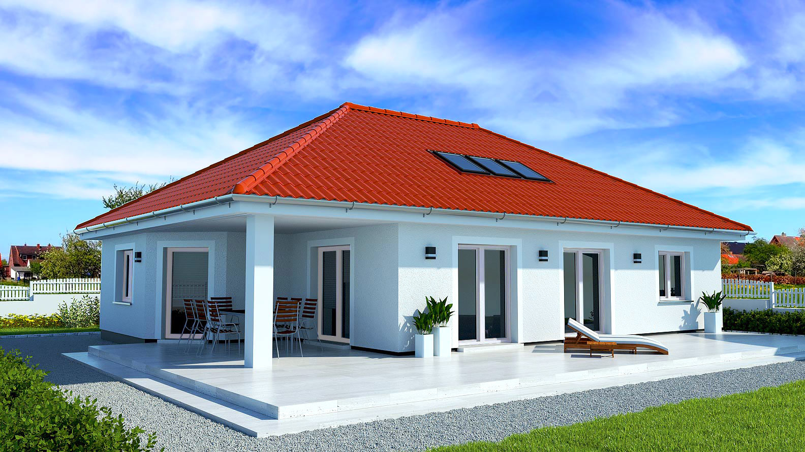 EWA-Bungalow Usedom 177qm Hausbau Berlin Brandenburg Magdeburg Rückansicht weiße Fensterrahmen