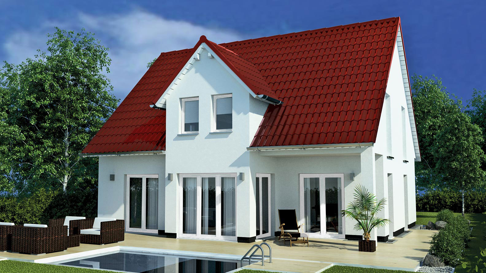 EWA-Landhaus Prignitz 187qm Massivhausbau Leipzig Halle Wittenberg Rückansicht weiße Fensterrahmen