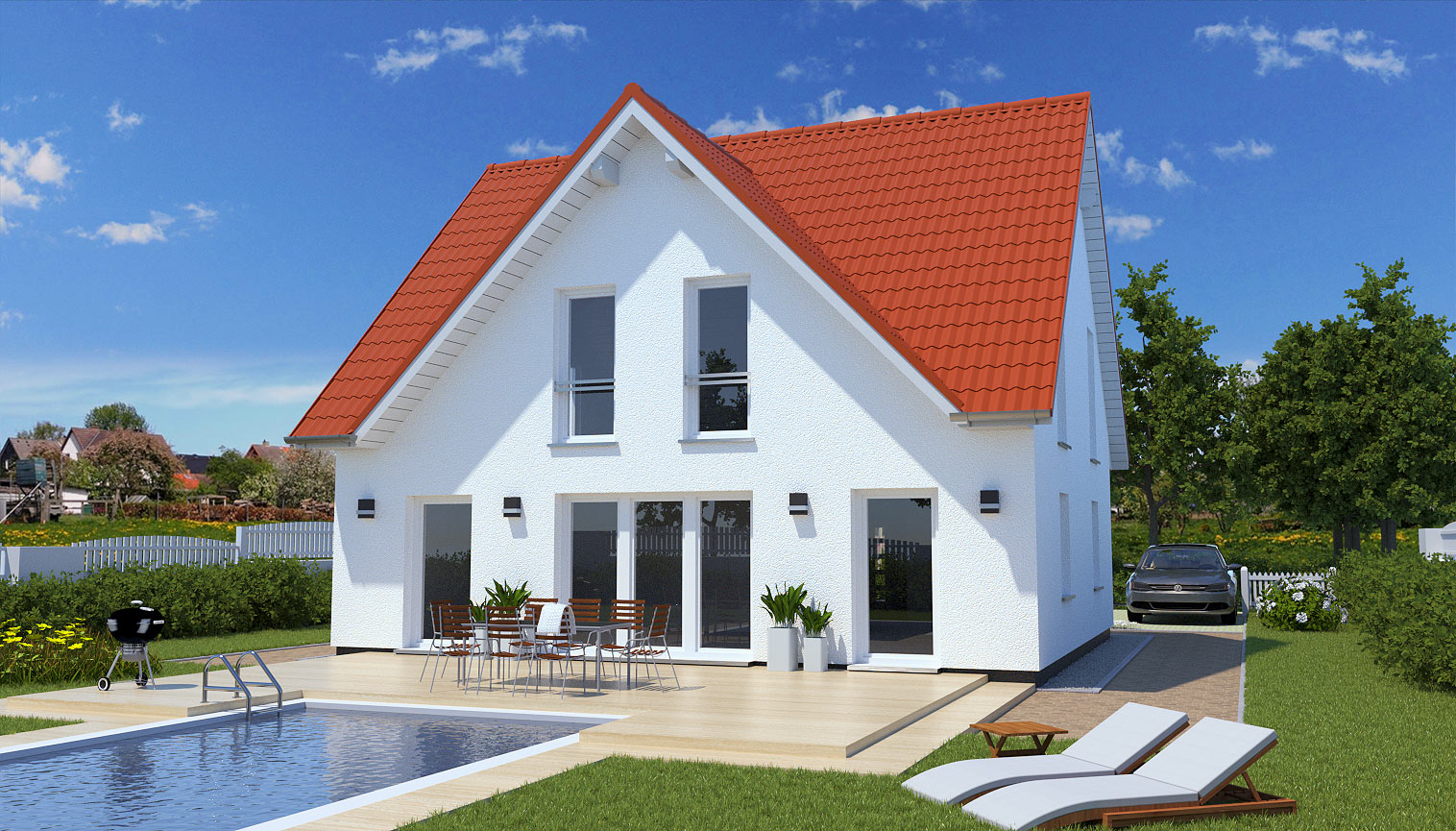 EWA-Landhaus Teltow 164qm Hausbau Berlin Brandenburg Potsdam Rückansicht rotes Dach weiße Fensterrahmen