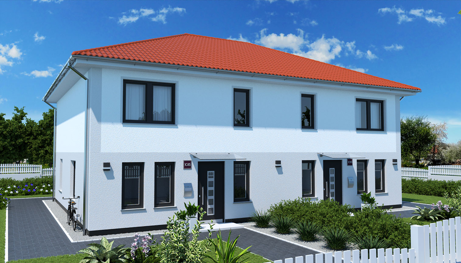 EWA-Doppelhaus Werder 254qm Hausbau Berlin Brandenburg Potsdam Vorderansicht rotes Dach