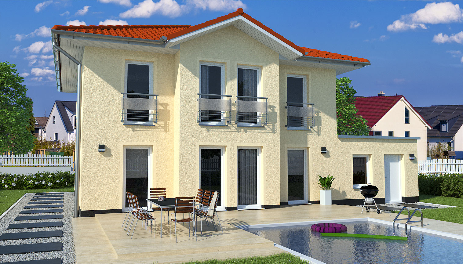 EWA-Stadtvilla-Berlin-158qm-Hausbau-Berlin-Brandenburg-Magdeburg-Rückansicht-rotes-Dach EWA-Stadtvilla Berlin 158qm Hausbau Berlin Brandenburg Magdeburg Rückansicht rotes Dach