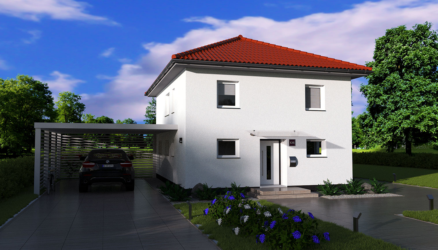 EWA-Stadtvilla Halle 153qm Hausbau Berlin Brandenburg Magdeburg Vorderansicht rotes Dach