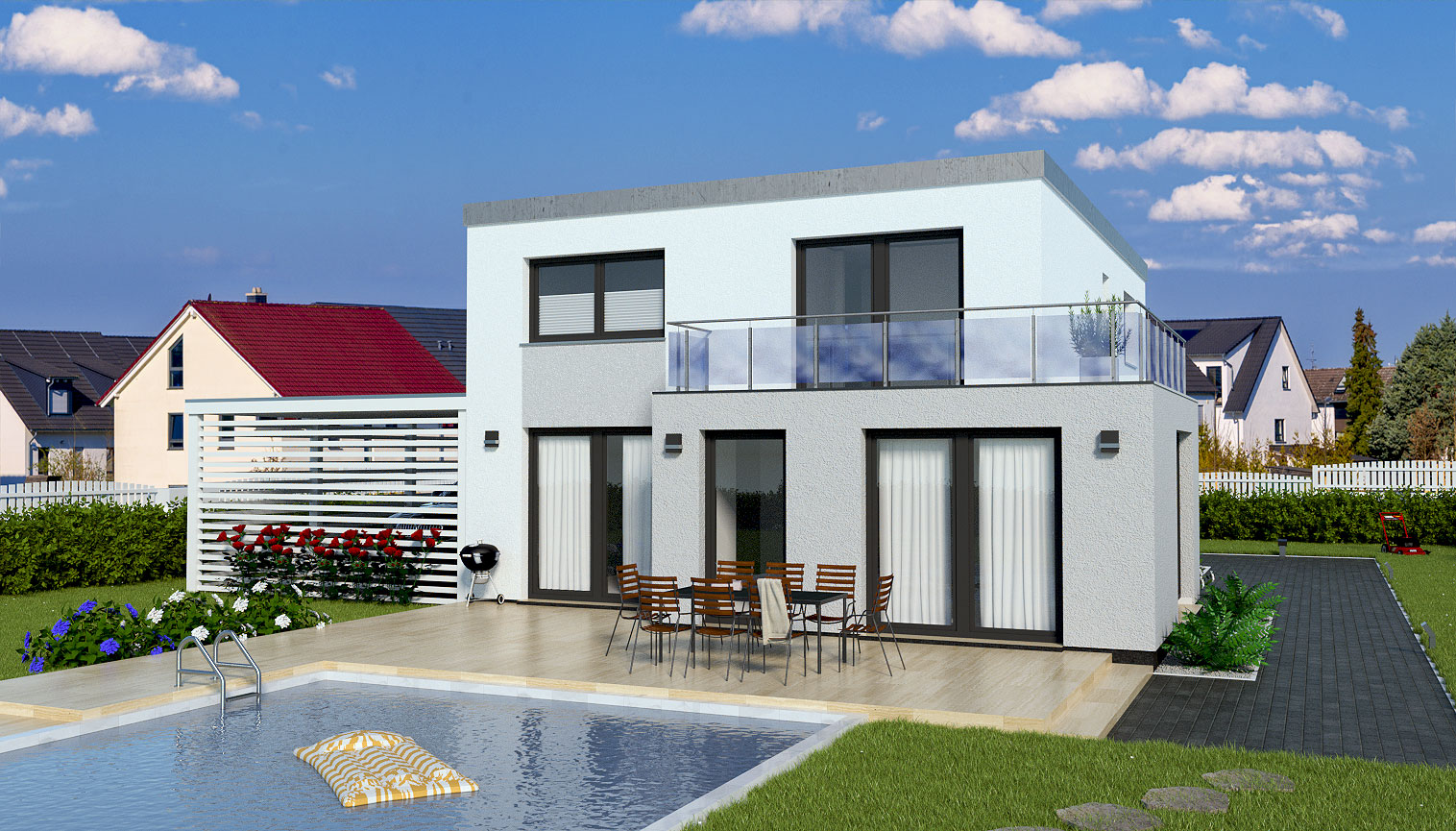 EWA-Stadtvilla-Halle-Kubus-164qm-Hausbau-Berlin-Brandenburg-Magdeburg-Rückansicht-grauer-Putz EWA-Stadtvilla Halle Kubus 164qm Hausbau Berlin Brandenburg Magdeburg Rückansicht grauer Putz