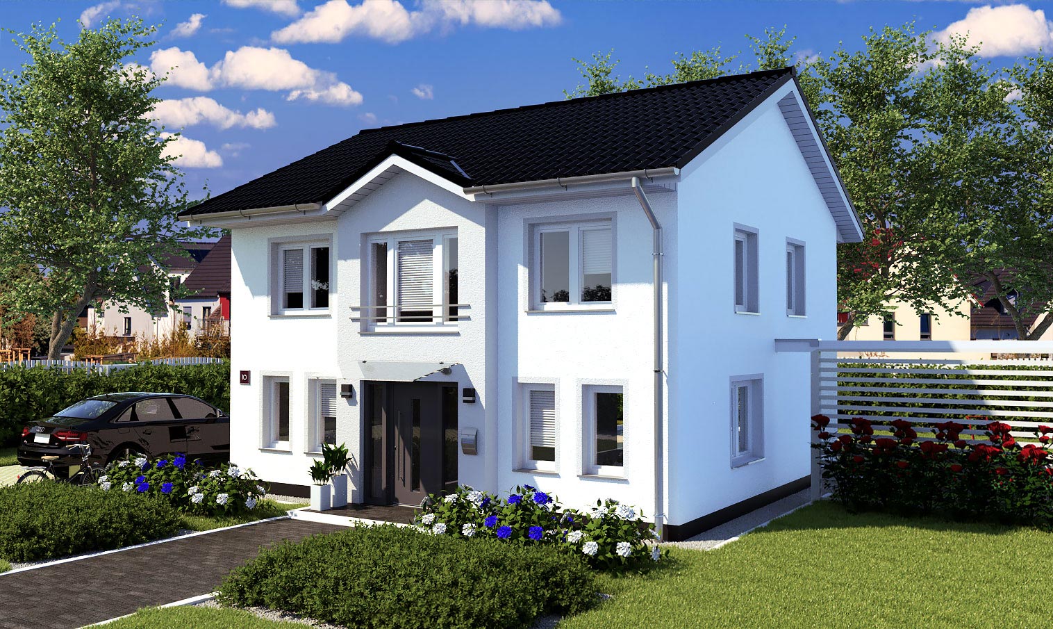 EWA-Stadtvilla Lichterfelde SD 163qm Massivhausbau Leipzig Halle Wittenberg Vorderansicht weiße Fensterrahmen