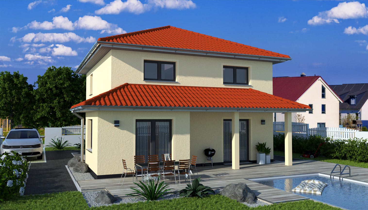 EWA-Stadtvilla-Toskana-136qm-Hausbau-Berlin-Brandenburg-Potsdam-Rückansicht-rotes-Dach EWA-Stadtvilla Toskana 136qm Hausbau Berlin Brandenburg Potsdam Rückansicht rotes Dach